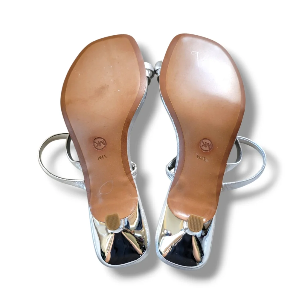 Michael Kors | BNIB Mid Letty Metallic Silver Strappy Toe Post Kitten Heels - Picture 4 of 13